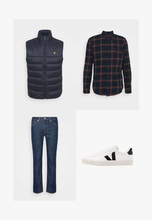 Marineblå polstret vest med høj krave, frontlynlås og vandret syninger. Har et lille gult logo på venstre brystområde.; Blå og orange ternet flannel skjorte med button-down krave og lange ærmer. Har et lille mærke på venstre bryst.; Mørkeblå lige ben denim jeans med orange søm, fem lommer og en frontknap samt lynlås.; Hvide lædersneakers med sorte ruskindsdetaljer; har en gummisål, rund tå og klassisk snørebåndsdesign. Side logo i sort.