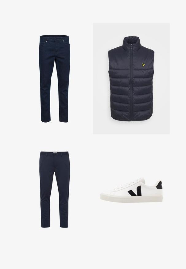 Marineblå polstret vest med høj krave, frontlynlås og vandret syninger. Har et lille gult logo på venstre brystområde.; Mørkeblå denimjeans med slim fit, fem lommer og knaplukning, vist mod en hvid baggrund.; Mørkeblå slim-fit bukser med bæltestropper, frontknap og lynlåslukning, vist mod en ren hvid baggrund.; Hvide lædersneakers med sorte ruskindsdetaljer; har en gummisål, rund tå og klassisk snørebåndsdesign. Side logo i sort.