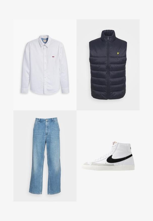 Gilet matelassé navy avec col haut, fermeture éclair à l'avant et coutures horizontales. Présente un petit logo jaune sur la zone de la poitrine gauche.; Chemise blanche à manches longues et à boutons en coton. Avec un col pointu et un petit logo rouge Levi's sur la poitrine gauche. Texture lisse.; Jean large en denim bleu clair. Dispose d'une taille haute, d'une fermeture à bouton et d'un design classique à cinq poches. Texture lisse.; Baskets montantes blanches avec un swoosh noir, un capuchon de pied texturé gris et une semelle plate blanche. Elles possèdent six œillets et des accents cousus.