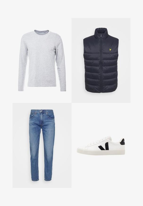 Chaleco acolchado azul marino con un cuello alto, cremallera delantera y costuras horizontales. Presenta un pequeño logo amarillo en la parte izquierda del pecho.; Camiseta gris de manga larga en una tela suave y ligera, con un clásico escote redondo y un diseño sencillo y sin adornos.; Levi's® 502™ TAPER HI BALL - Vaqueros slim fit - dolf bombay adv; Zapatilla de cuero blanca con acentos de ante negro; presenta una suela de goma, puntera redonda y un diseño clásico de cordones. Logo lateral en negro.
