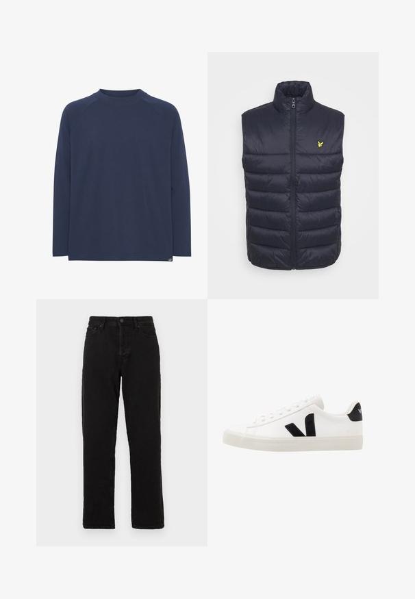 Marineblauwe gewatteerde vest met hoge kraag, eenrits aan de voorkant en horizontale stiksels. Bevat een klein geel logo op de linkerborst.; Donkerblauwe longsleeve shirt met een ronde halslijn en raglanmouwen; zachte structuur en een subtiele stikseldetail aan de onderkant.; Zwarte denim jeans met een rechte pasvorm, voorzien van een knoopsluiting, riemlussen en een klassieke vijf-pocket stijl.; Witte leren sneaker met zwarte suède accenten; voorzien van een rubberen zool, ronde neus en een klassieke vetersluiting. Zijkant met logo in het zwart.