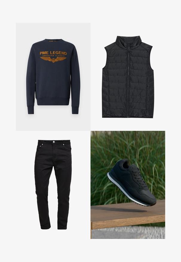 Sort ærmeløs quilted vest med lodret quiltning, høj krave, lynlås foran og sidelommer. Glat tekstur og letvægtsdesign.; Mørkeblå sweatshirt lavet af bomuld, med et gyldent trykt logo med vinger. Rund hals, lange ærmer, ribbede manchetter og kant.; Sorte jeans lavet af denimstof, slim fit design, fem-lomme stil, metal knaplukning, med syninger og en glat tekstur.; Sort atletisk sko med tekstureret overdel, snørebåndsdesign og kontrasterende hvid mellemsål; vist i luften over en træoverflade.