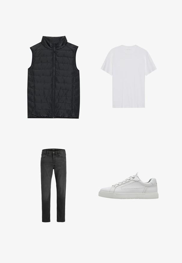 Sort ærmeløs quilted vest med lodret quiltning, høj krave, lynlås foran og sidelommer. Glat tekstur og letvægtsdesign.; Hvid bomulds T-shirt med korte ærmer, rund hals og en glat tekstur. Har minimal branding på halsudskæringen.; Sorte denim jeans med lige pasform, fem-lomme design og lynlås. Har diskret falmning og kontrastsyninger.; Hvid sneaker med glat syntetisk overdel, rund tå, perforeret design langs siden, snørelukning og gummisål.