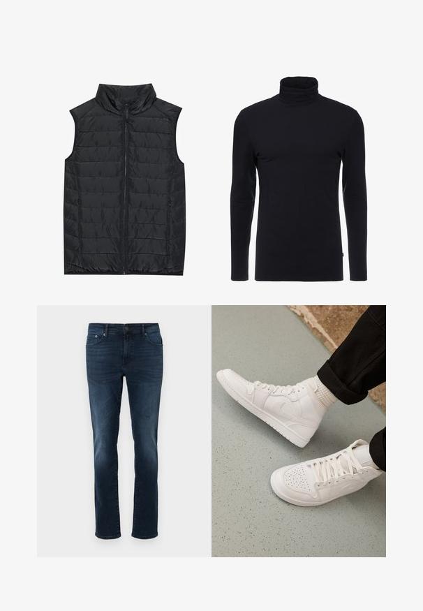 Sort ærmeløs quilted vest med lodret quiltning, høj krave, lynlås foran og sidelommer. Glat tekstur og letvægtsdesign.; Sort langærmet turtleneck skjorte lavet af blødt, strækbart stof. Har et tætsiddende design og en glat tekstur. Ingen synlige mønstre eller accenter.; Mørkeblå denim jeans med lige snit, medium taljehøjde, fem lommer og stikninger. Glat tekstur med let slidte accenter.; Hvide høj-top sneakers lavet af glat læder med perforeret tå, snørelukning og subtil logo detaljer på siden. Tekstureret gummisål.