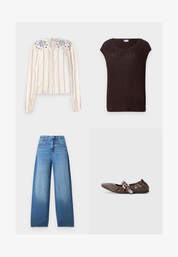 Suéter de punto acanalado marrón con escote en V y mangas cortas. Presenta una tela texturizada y un corte recto en la cintura. Etiqueta de marca visible.; Blusa beige de manga larga con rayas verticales en azul marino, con botones en la parte delantera y diseño floral bordado en el escote. Tejido texturizado.; Jeans de talle alto y pierna ancha en denim azul claro con un efecto desgastado, que cuentan con cierre de botón, cinco bolsillos y detalles de costura.; Zapato plano de charol marrón con puntera puntiaguda, detalle de lazo elástico y un acento de hebilla plateada en el costado. Suela de goma negra.