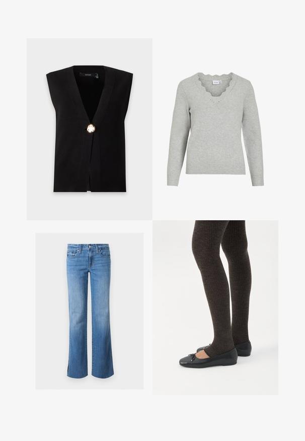 Cardigan noir sans manches avec un profond décolleté en V et une fermeture frontale par un seul grand bouton doré.; Pull gris clair à manches longues et décolleté en V. Présente des détails à bords festonnés et une texture tricot douce. Design minimaliste.; Jean en denim bleu avec une légère évasement, fermeture par boutons à l'avant et design à cinq poches, présenté sur un fond blanc uni.; Jambes portant des leggings côtelés foncés associés à des ballerines noires avec de petits détails en nœud sur fond blanc.