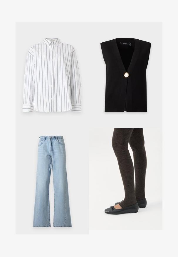 Cardigan noir sans manches avec un profond décolleté en V et une fermeture frontale par un seul grand bouton doré.; Chemise en coton blanc à boutons avec des rayures verticales bleu marine, un col classique et des manches longues avec des poignets à rayures. Texture douce.; Jean en denim bleu clair taille haute à jambes larges, avec poches avant, passants pour ceinture, fermeture éclair et ceinture en denim assortie.; Jambes portant des leggings côtelés foncés associés à des ballerines noires avec de petits détails en nœud sur fond blanc.