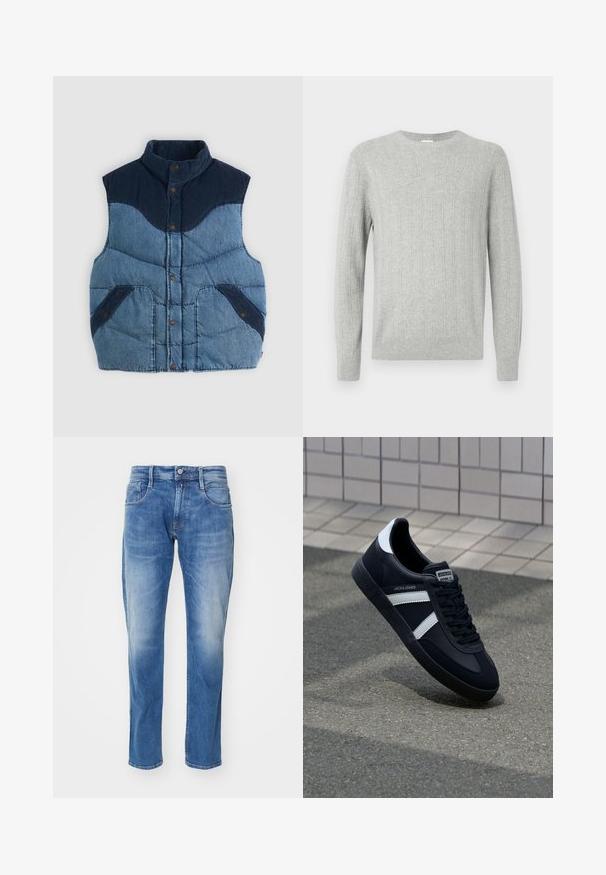 Blauwe denimvest met hoge kraag, gewatteerde textuur en marineblauwe corduroy accenten. Beschikt over twee voorzakken en knoopsluitingen.; Lichtgrijze gebreide trui met ribbelstructuur, ronde halslijn en lange mouwen. Eenvoudig ontwerp, met een rechte zoom en duurzaam materiaal.; Lichtblauwe denim jeans met een rechte pasvorm, vijf-pocket ontwerp, subtiele vervaging en een standaard tailleband met knoopsluiting.; Zwarte leren sneaker met witte strepen, een gestructureerde rubberen zool en vetersluiting aan de voorkant. Voorzien van een merklabel op de tong.