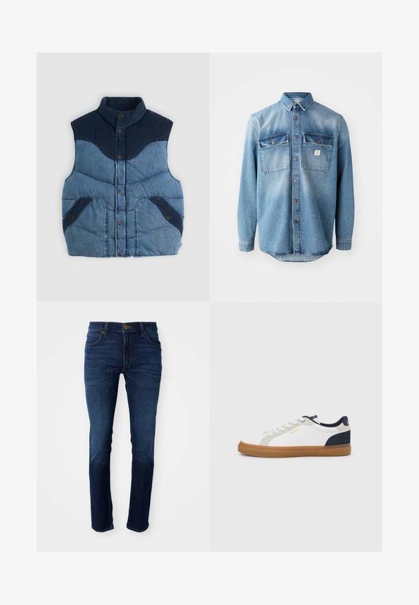 Gilet en denim bleu avec un col montant, une texture matelassée et des accents en velours côtelé bleu marine. Dispose de deux poches avant et de fermetures à boutons.; Chemise en denim bleu clair à manches longues, avec deux poches sur la poitrine, fermeture à boutons à l'avant et des dessus de poche plus foncés en contraste. Présente un ourlet arrondi.; Jean en denim bleu foncé avec une coupe droite classique, doté d'une fermeture à bouton et de cinq poches. Le tissu a une texture lisse.; Baskets en toile blanche avec des accents en suède bleu marine et gris. Comprend une semelle en caoutchouc naturel, un embout arrondi et un design classique à lacets.