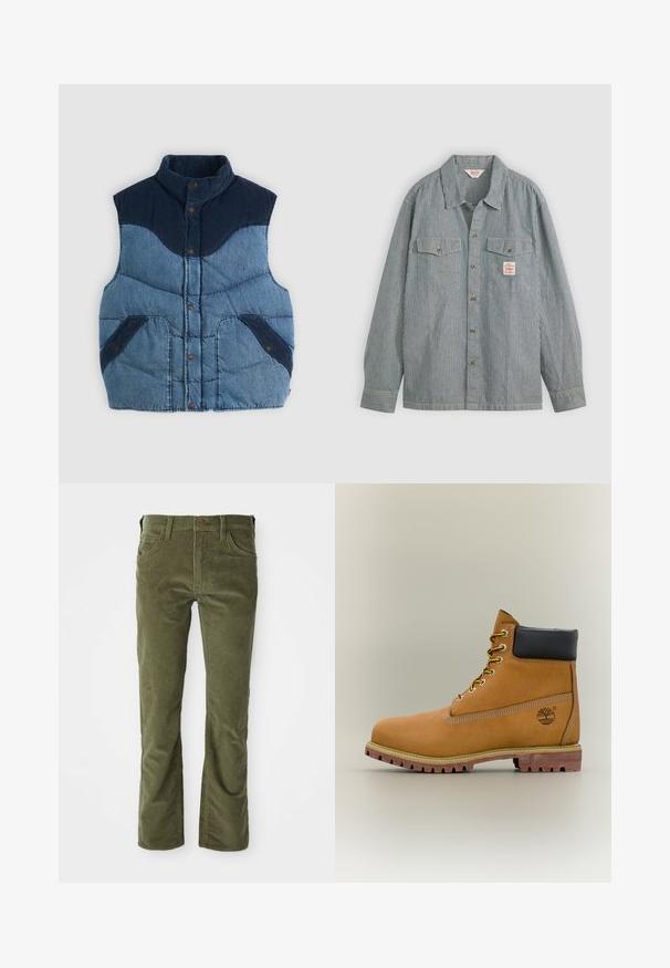 Blauwe denimvest met hoge kraag, gewatteerde textuur en marineblauwe corduroy accenten. Beschikt over twee voorzakken en knoopsluitingen.; Gestreepte overhemden in blauw en wit, met een kraag, twee borstzakken en een klein label. Gemaakt van lichtgewicht stof.; Olijfgroene corduroy broek met voorzakken, riemlussen, knoopsluiting en een lichte flare bij de beenopeningen.; Bruine leren enkellaars met zwarte kraag, gele veters en een zandkleurige zool. Voorzien van een logo en witte stikseldetails. Robuuste loopzool met grip.