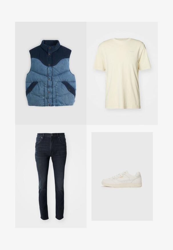 Blå denimvest med høj krave, polstret tekstur og marineblå kordfløjl-accenter. Har to forlommer og knaplukninger.; Kortærmet cremet t-shirt lavet af blødt bomuld, med rund halsudskæring og et lille logo trykt i en lys farve på brystet.; Mørkeblå denimjeans med lige ben, fem-lomme design og en subtil falmeeffekt på lårene, med metalknaplukning.; Hvide lædersneakers med en glat overflade, der har perforerede detaljer, snørebånd fortil og et diskret logo i guld nær siden.