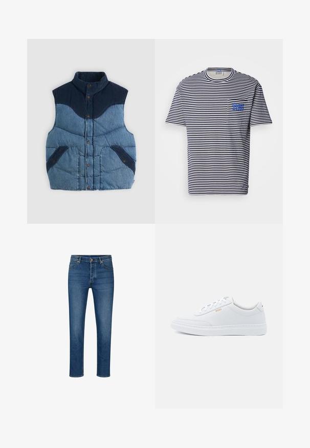 Blå denimvest med høj krave, polstret tekstur og marineblå kordfløjl-accenter. Har to forlommer og knaplukninger.; Scotch & Soda POCKET - T-shirts print - white / navy; Blå denimjeans med lige pasform, der har fem lommer, bæltestropper og knaplukning. Lys whiskering og kontraststing.; Hvide lædersneakers med glat tekstur, rund tå og ton-i-ton syning. Har blå snørebånd og et gult logo på siden.