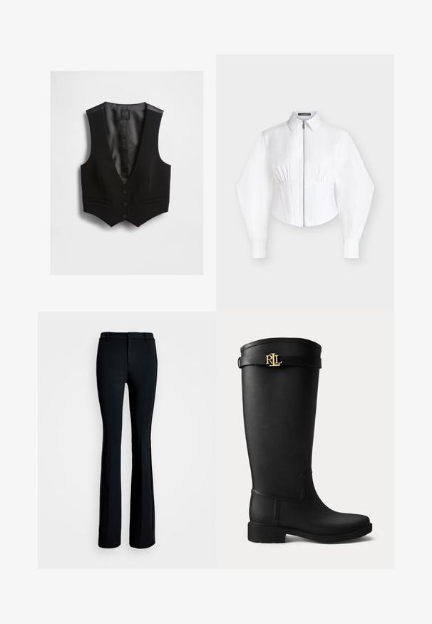 Sort vest med dyb V-hals, tre knapper og to forlommer. Tekstureret stof med en glat inderforing. Mærkets label er synlig.; Hvid bluse med lange ærmer, lynlås foran, struktureret talje, spids krave og let puffede ærmer med manchetter.; Sorte flared bukser lavet af glat stof. Har en flad forreste talje, en slim fit gennem låret og en bred benåbning.; Sort knæhøj gummistøvle med lav hæl og en guldfarvet RLL-logo spænde nær toppen på en ensartet lys baggrund.