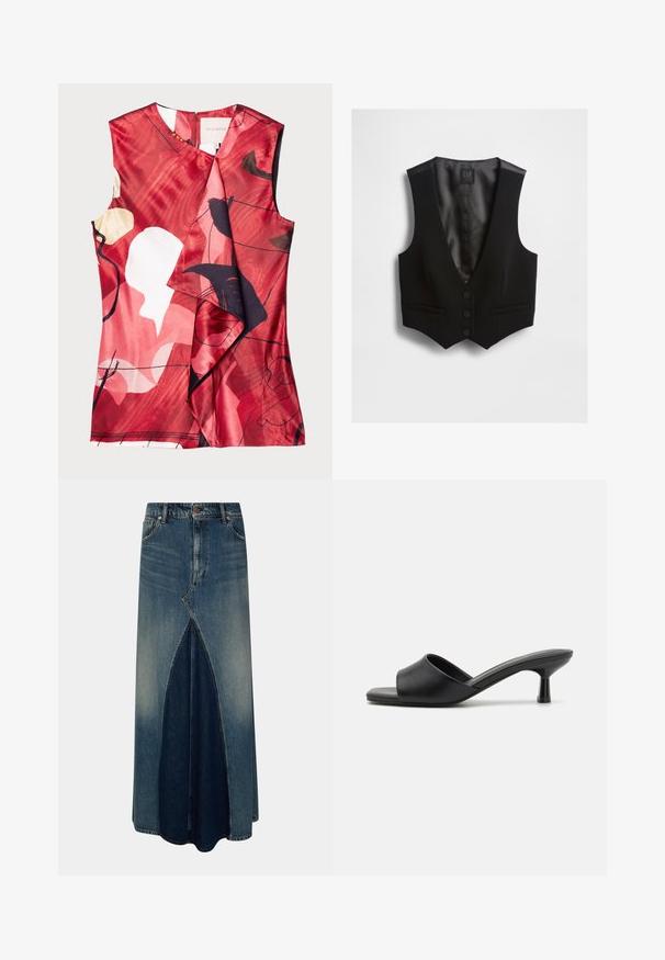 Sort vest med dyb V-hals, tre knapper og to forlommer. Tekstureret stof med en glat inderforing. Mærkets label er synlig.; Rød satin top med abstrakte blomster mønstre i sort og creme. Har et omslagdesign og ærmeløs skæring, med lynlås lukning på ryggen.; Blå denim maxi nederdel med frontinverteret plissé, bæltesløjfer, knap- og lynlåslukning samt lysvasket detaljer.; Sorte slidesandaler med en glat læderoverdel, åben tå og en lav, blank hæl. Minimalistisk design med en buet form og slank finish.