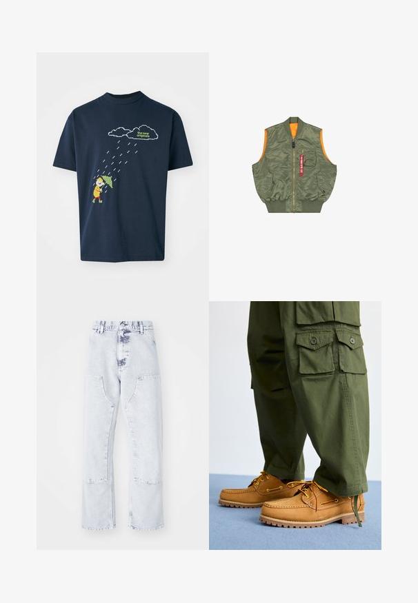 Mouwloze olijfgroene bomberjack-vest met voorrits, twee drukknoopzakken, borstzak met rits en rode "Remove Before Flight" tag.; Marineblauwe katoenen t-shirt met een gepixeld grafisch ontwerp van een figuur met een paraplu onder wolken en regendruppels, met daarboven tekst in lichtgroen.; Lichtblauwe denim jeans met rechte pijpen, patchzakken, hoge taille en een vervaagd uiterlijk. Voorzien van ton-sur-ton stiksels en een relaxte pasvorm.; Timberland AUTHENTIC 3 EYE - Bootschoenen - wheat