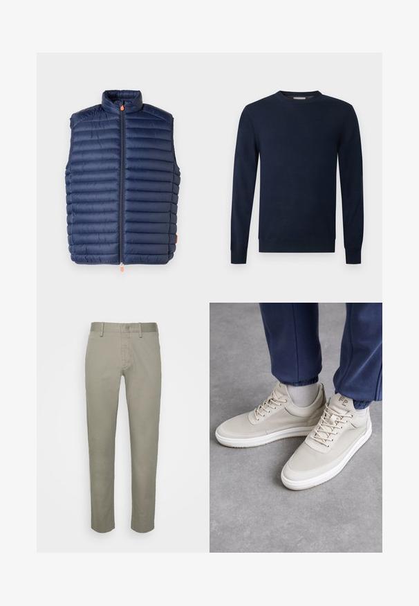 Gilet matelassé bleu marine avec un col montant, motif matelassé horizontal, fermeture éclair à l'avant avec un tirette orange, et sans manches. Texture lisse.; Pull bleu marine foncé à manches longues avec col rond, poignets et ourlet côtelés sur un fond clair uni.; Pantalons khaki gris clair au design ajusté, avec une taille plate, des poches standard et une texture de tissu lisse.; Baskets beiges en matériau texturé, à bout rond, avec des lacets et un design minimaliste. Semelle blanche avec des détails beige clair. Porté avec un jogging bleu marine.