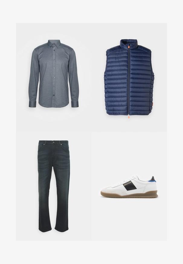 Marineblauer Puffer-Weste mit hohem Kragen, horizontalem Steppmuster, Frontreißverschluss mit orangefarbenem Zipper und ohne Ärmel. Glatte Textur.; Langärmliges Hemd mit Knöpfen aus dunkelgrauem Stoff, mit einem Kragen, Frontknöpfen und Manschetten. Glatte Textur mit passgenauer Design.; DRYKORN SIT - Jeans Straight Leg - blue; Weißer Sneaker mit schwarzen und blauen Akzenten, Obermaterial aus Wildleder und Leder, runde Zehenform, flache Gummisohle und goldfarbene Marken-Details an der Seite.