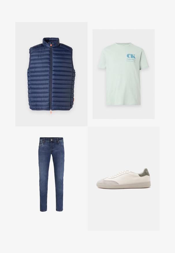 Marineblåt puffer vest med høj krave, horisontalt quiltet mønster, frontlynlås med en orange trækstrop og uden ærmer. Glat tekstur.; Lysegrøn kortærmet t-shirt med rund hals, med blåt "CK Calvin Klein Established 1968" logo på venstre bryst.; Slim-fit blå denim jeans til mænd med knap- og lynlåslukning, for- og baglommer samt subtile blege detaljer.; Hvid lav sneaker med lysegrå ruskind på tå og hæl, hvide snørebånd og en flad beige sål, vist fra ydersiden.