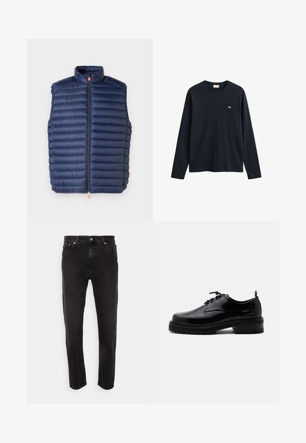 Marineblauer Puffer-Weste mit hohem Kragen, horizontalem Steppmuster, Frontreißverschluss mit orangefarbenem Zipper und ohne Ärmel. Glatte Textur.; Schwarzes Langarmshirt mit Rundhalsausschnitt, kleinem gesticktem Logo auf der linken Brustseite und schlichtem Design.; Schwarze Denim-Jeans mit geradem Bein, mittlerer Bundhöhe, Gürtelschlaufen und Fünf-Taschen-Stil. Weicher Stoff mit minimalem Ausbleichen.; Schwarzer polierter Lederschnürschuh mit dicker Gummisohle und niedrigem Absatz, seitlichem Marken-Schriftzug "SAMSOE" und hinterer Zuglasche.