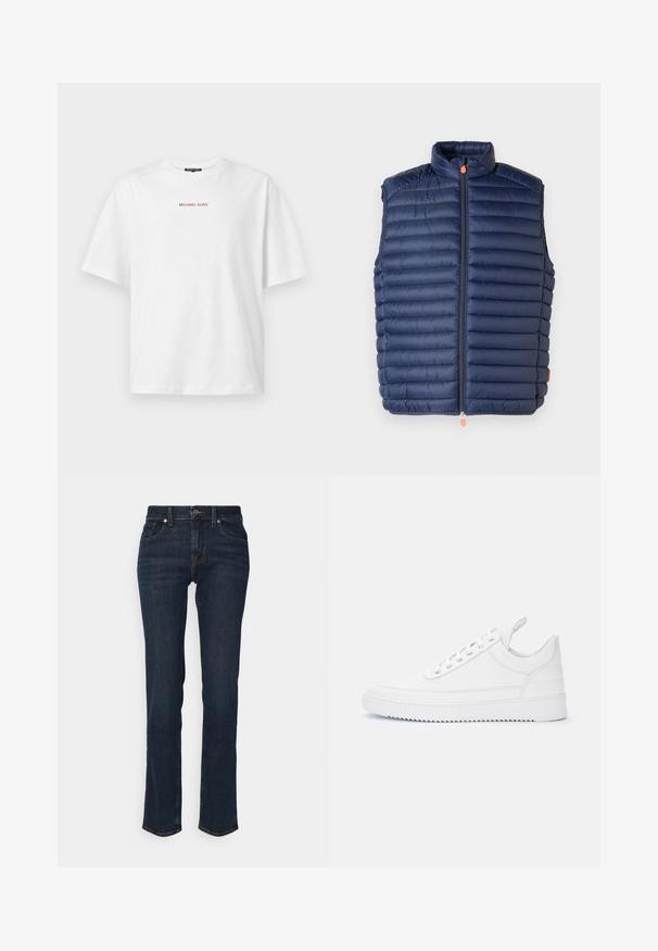 Chaleco acolchado azul marino con cuello alto, patrón acolchado horizontal, cremallera frontal con un tirador naranja y sin mangas. Textura suave.; Camiseta blanca de manga corta con cuello redondo y pequeño texto rojo "MICHAEL KORS" centrado en el pecho.; Jeans de denim azul oscuro con corte recto, cinco bolsillos, costuras doradas y cierre de botón.; Zapatilla blanca de caña baja con cierre de cordones, detalles cosidos, lengüeta en el talón y suela acanalada sobre un fondo claro liso.