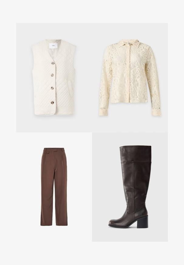 Quilted ærmeløs vest i off-white med V-halsudskæring, fem knapper og to sidelommer med en tekstureret overflade.; Langærmet bluse i cremefarvet blonder med blomstermønster, krave, knaplukning foran og manchetter på ærmerne på en ensfarvet baggrund.; Brune vævede bredbenede bukser med høj talje, frontfolder og knapdetalje. Glat tekstur med en skræddersyet design.; Brun læder knæhøj støvle med rund tå og stablet hæl. Har en glat tekstur og sidelægning som detalje.