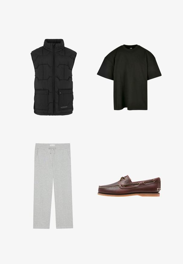 Gilet isolé noir avec un col haut, une fermeture éclair à l'avant, deux poches à bouton-pression et un motif hexagonal matelassé.; T-shirt noir surdimensionné en coton doux. Présente un col rond et des manches courtes, avec une texture lisse et un design minimaliste.; Pier One Pantalon de survêtement - light grey; Chaussure bateau en cuir marron avec coutures blanches, détails de lacets et semelle en caoutchouc beige, vue de côté sur fond blanc.