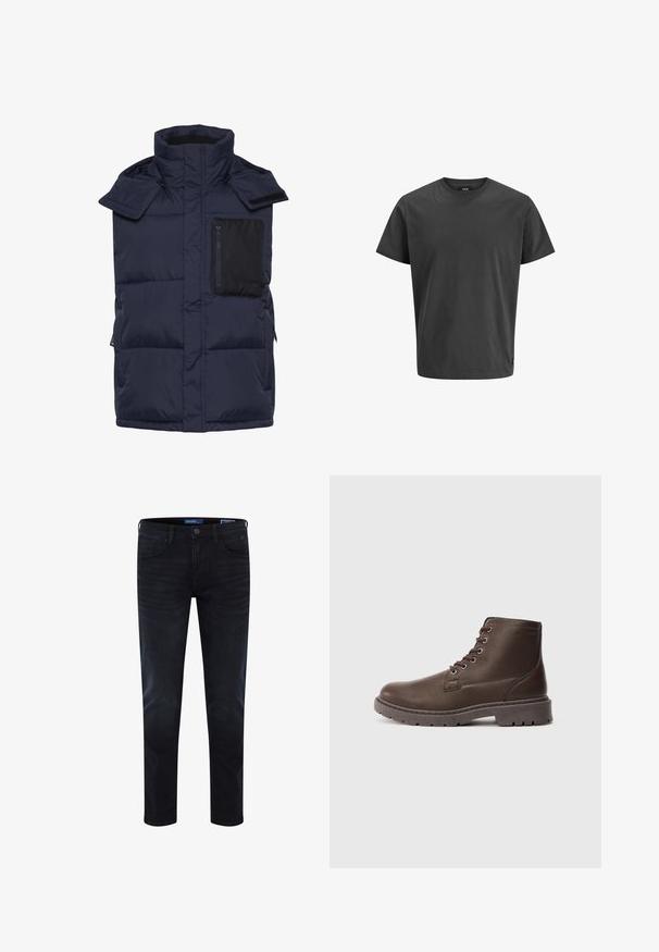 Chaleco acolchado de color navy con un cuello alto, un bolsillo de pecho con cremallera negra y bolsillos laterales, confeccionado en material ligero y suave.; Camiseta de algodón gris oscuro con cuello redondo, mangas cortas y un corte relajado. Presenta un pequeño logotipo cerca do do el do. Textura suave.; Vaqueros de mezclilla azul oscuro con corte ajustado, costuras visibles, diseño estándar de cinco bolsillos y cierre de botón en la cintura.; Bota de tobillo de cuero marrón con cordones, suela gruesa y resistente, y ojales de metal, vista lateral sobre un fondo gris claro liso.