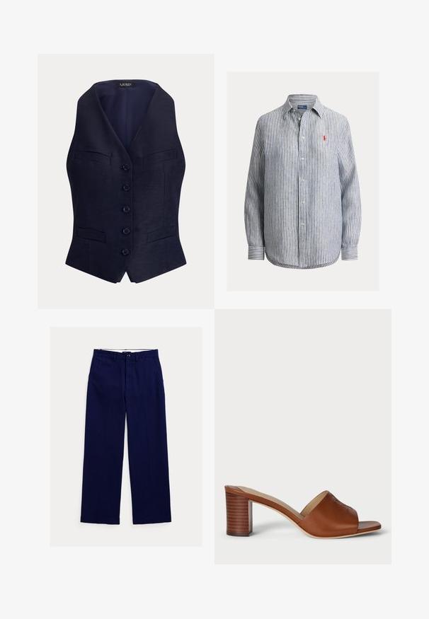 Chaleco entallado azul marino con cinco botones, escote en V y cuatro bolsillos delanteros, etiquetado Lauren Ralph Lauren.; Camisa de manga larga con botones, con rayas verticales en azul marino y blanco, cuello clásico y pequeño logo rojo bordado en el pecho.; Pantalones azul marino de corte recto con trabillas para cinturón, cierre frontal con botones y bolsillos laterales sobre fondo blanco.; Mules de cuero marrón con tacón, con una amplia puntera abierta, parte superior curva y un tacón cilíndrico apilado que presenta líneas horizontales.