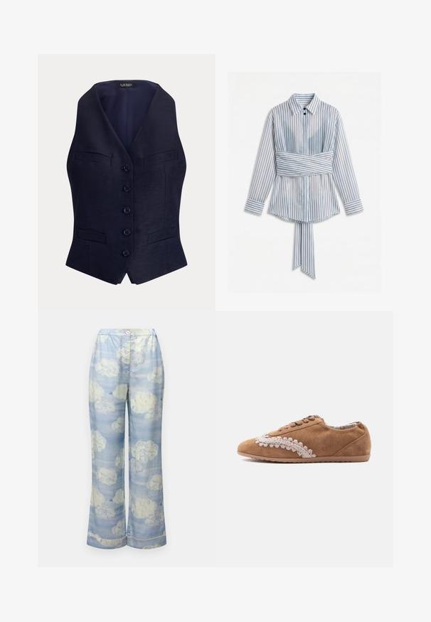 Tumesinine kohandatud vest kaheksa nupuga, V-kaelusega ja nelja eesmine taskuga, sildiga Lauren Ralph Lauren.; Valgest triiksärgikangast pikkade varrukatega, millel on mustad vertikaalsed triibud, lai sobiv vöö, mis on vöökohal seotud, ja krae, millel on nööbi kinnitusega.; Helesinine laia säärega püksid, mis on valmistatud kergest materjalist, ja millel on pehmed valged ning alatoonide pastellseid pilvemustreid, elastse vöökoha ja mugavustega.; Pruun seemisnahast vabaajajalats helebeeži kootud detailidega mööda külge, pruuni paeltega ja kummist tallaga, külgvaates valgel taustal.
