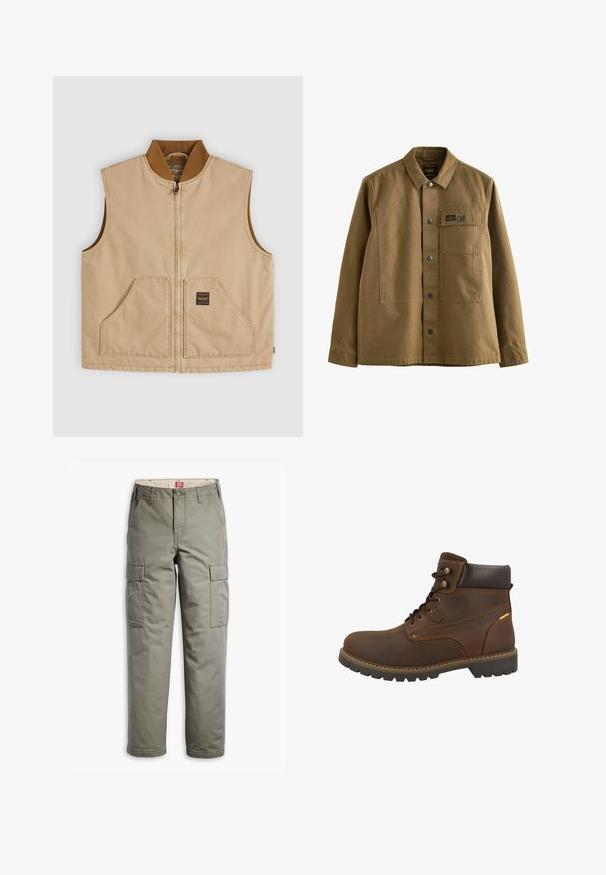 Beige ærmeløs vest med lynlås, brun ribbekrave og to forlommer, hvoraf den ene har et lille firkantet sort mærke.; Brun canvasjakke med krave, frontlukning med knapper, to brystlommer og struktureret stof. Militær-inspireret design.; Cargo bukser i olivengrøn, lavet af slidstærkt bomuldsblanding, med sidelommer, lige ben design og knaplukning.; Brun læderankelstøvle med polstret krave, metaløjer og gummisål med dyb mønster. Kontrastsyning og logodetalje.