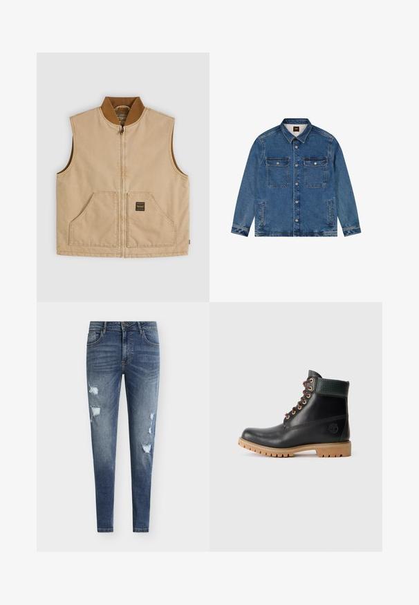 Beige ärmellose Weste mit Reißverschluss, braunem geripptem Kragen und zwei Fronttaschen, eine davon mit einem kleinen schwarzen quadratischen Etikett.; Jeansblaue Jacke mit Kragen, durchgehender Knopfleiste, zwei Brustklappentaschen, zwei seitlichen Schlitztaschen und langen Ärmeln.; Eng anliegende blaue Denim-Jeans mit Used-Details, mehreren Rissen und ausgewaschenem Look. Mit Fünf-Taschen-Design und Gürtelschlaufen.; Schwarze Leder Stiefelette mit braunen Schnürsenkeln, gepolstertem grünen Kragen und beigefarbenem Gummisohle mit tiefen Profilen, seitliche Ansicht auf weißem Hintergrund.