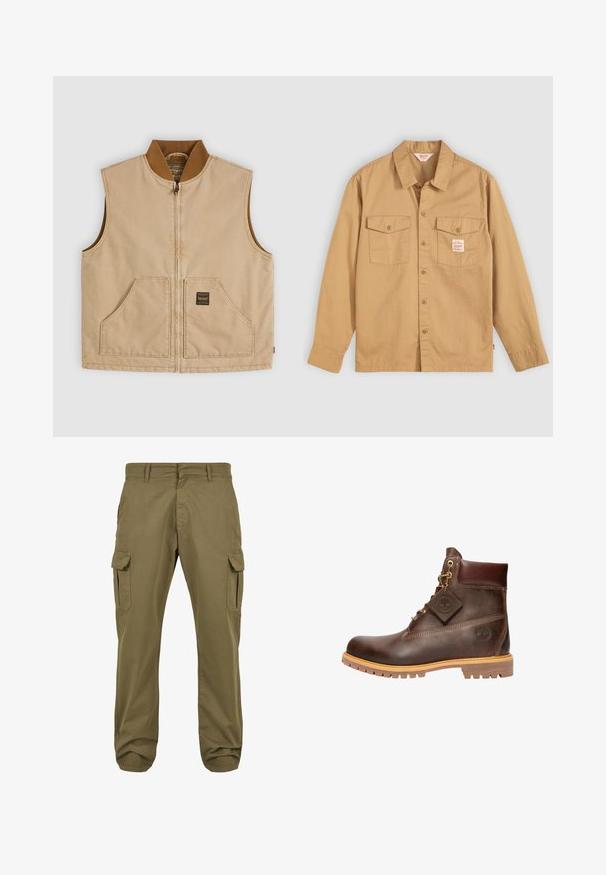 Veste beige sans manches avec fermeture éclair, col côtelé marron et deux poches avant, dont une avec une petite étiquette noire carrée.; Chemise beige à manches longues, avec deux poches sur la poitrine et une petite étiquette. Fabriquée en coton avec une texture lisse et un design de col classique.; Pantalons cargo verts avec une coupe droite, en coton, dotés de poches latérales et d'une fermeture à bouton pour plus de fonctionnalité. Texture lisse, design décontracté.; Bottine en cuir marron avec un bout rond, une semelle robuste, des éléments en doré et un dessus texturé. Comprend une étiquette de logo attachée.