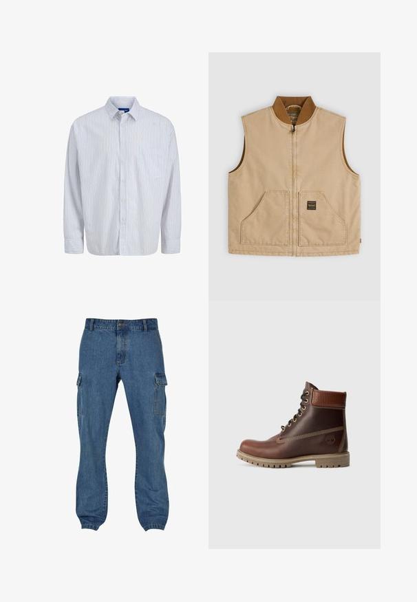 Veste beige sans manches avec fermeture éclair, col côtelé marron et deux poches avant, dont une avec une petite étiquette noire carrée.; Chemise blanche à manches longues, à boutons, avec de fines rayures verticales rouges, une poche poitrine, un col et des poignets boutons.; Pantalon cargo en denim bleu avec des poches latérales, une coupe décontractée et une fermeture à bouton à la taille. Tissu texturé avec des coutures visibles.; Bottine en cuir marron à lacets, avec un col rembourré, des coutures contrastées et une semelle robuste, vue de l'extérieur sur un fond blanc.