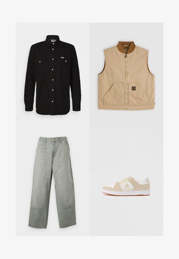 Beige väritön vetoketjullinen liivi, jossa ruskea ribbineuloskaulus ja kaksi etutaskua, joista toisen reunassa pieni musta neliönmuotoinen merkki.; Mustat nappipaidat, joissa on huippukaulus, kaksi rintataskua, valkoiset nepparit ja teksturoitua kangasta. Wrangler-logo vasemmassa rinnassa.; Rennot, korkeavyötäröiset harmaat housut, joissa leveät lahkeet, suuret etutaskut, vyölenkit ja napillinen suljin.; Matalavartinen beige-valkoinen tennari, jossa beigenväriset mokkanahkaiset päällysteet, DC-logo sivulla, valkoinen välipohja ja kumiulkopohja.