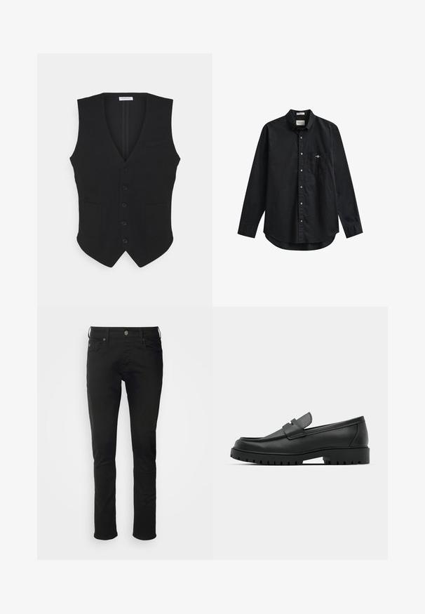 Gilet noir en tissu lisse, avec un décolleté en V, six boutons, deux poches frontales et une petite poche sur la poitrine.; Chemise noire à manches longues boutonnée avec poche poitrine présentant un petit logo brodé sur le côté gauche.; Jean en coton noir avec une coupe droite, doté d'une fermeture à bouton à l'avant, de passants de ceinture et de poches standard avec une texture lisse.; Mocassins en cuir noir à bout arrondi, avec un design cousu, une semelle plateforme basse et une semelle en caoutchouc texturée et crantée.