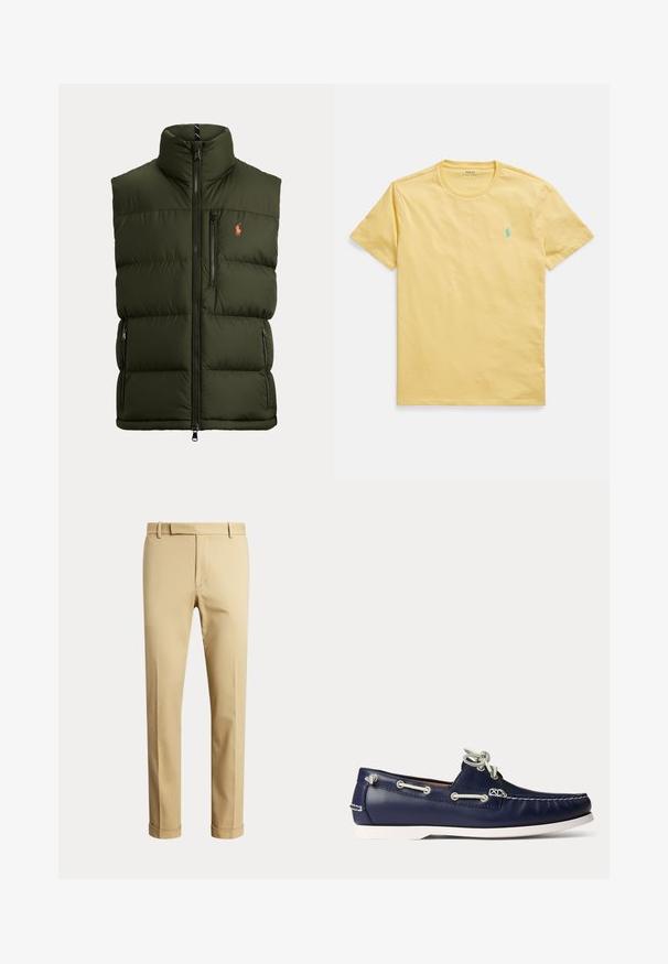 Chaleco acolchado sin mangas de color verde oscuro con cuello alto, cremallera frontal, bolsillo en el pecho, bolsillos laterales y pequeño logo bordado en el pecho.; Camiseta de algodón amarilla con cuello redondo, mangas cortas y un pequeño logo de polo turquesa en el pecho izquierdo. Textura suave.; Pantalones beige de hombre a medida con trabillas para cinturón y dobladillos vueltos, mostrados sobre un fondo claro liso.; Zapato náutico de cuero azul marino con cordones y costuras blancas, con suela de goma blanca y ojales metálicos sobre un fondo claro.