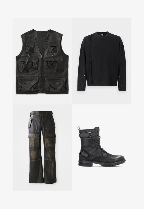 Zwarte leren vest met meerdere klep- en ritszakken, ritsluiting aan de voorkant en D-ringdetails op de bovenborst.; Zwarte sweatshirt met lange mouwen en ronde hals, voorzien van een subtiele logo aan de voorkant en drukknoopdetails op de mouwen, gemaakt van zachte stof.; Zwarte leren cargobroeken met een versleten textuur, voorzien van grote zijzakken, een hoge taille en contrasterende stiksels over de naden.; Kazar HEARD - Cowboy-/Bikerlaarsjes - black