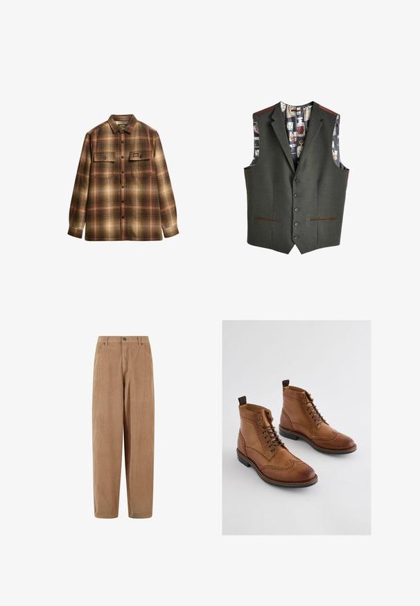 Grå vest med fem sorte knapper, to frontlommer med brune detaljer, og en mønstret inderside med ure og vintage genstande.; Brun og beige ternet langærmet skjorte med knapper, to frontlommer med klap og krave.; Kamelsnore bukser i lys brun med lige ben-design, med knaplukning og sidelommer, struktureret ribbet overflade.; Brune læderankelstøvler med brogue-detaljer, udstyret med snørelukning, metalkøjer og en kontrasterende sort gummisål.