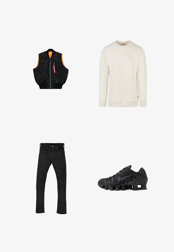 Schwarze Bomberweste mit orangefarbenem Innenfutter, Reißverschluss, seitlichen Taschen und einer kleinen Tasche mit rotem Tag-Detail. Glattes, glänzendes Material.; Sweatshirt in cremefarben aus weichem Stoff. Verfügt über einen Rundhalsausschnitt, lange Ärmel mit Bündchen und einen abgesteppten Saum. Minimalistisches Design ohne Muster.; Schwarze Denim-Jeans mit geradem Bein, im Fünf-Taschen-Stil und mit Metallknopfverschluss. Glatte Textur und einheitliche Farbe im gesamten Material.; Schwarze Sportschuhe aus Mesh- und synthetischen Materialien mit einem markanten wellenförmigen Design, schwarzer Gummisohle und reflektierenden Akzenten.