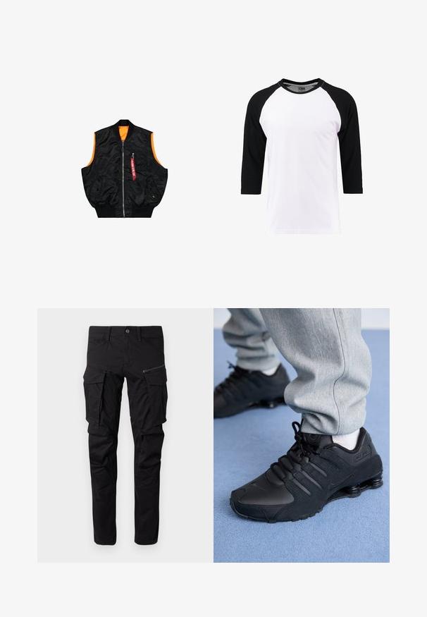 Sort bombervest med orange inderside, lynlås lukning, sidelommer og en lille lomme med rød mærke detaljer. Glat, skinnende stof.; Hvid kortærmet T-shirt med sorte raglanærmer, lavet af bomuld, med en rund halsudskæring og en glat overflade.; Sorte cargo bukser lavet af slidstærkt stof, med flere sidelommer, en lynlåslomme, tapered ben og forstærkede sømme.; Person iført sorte Nike Shox sneakers og grå joggingbukser, der står på lyseblåt tæppe.