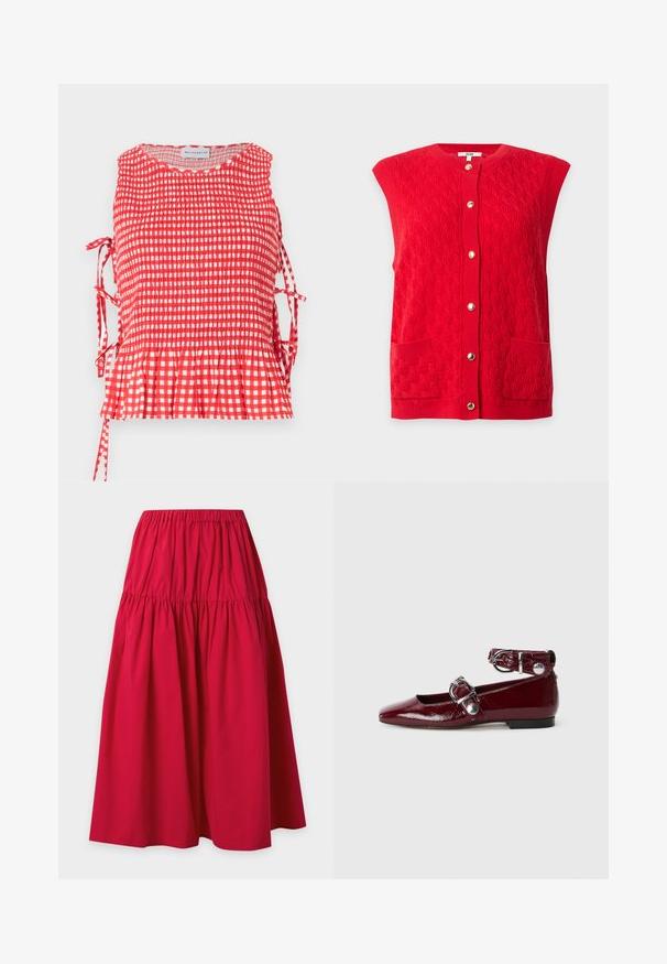 Gilet sans manches rouge tricoté avec des boutons dorés sur le devant et deux poches avant, présentant un motif texturé.; Haut sans manches à carreaux rouges et blancs avec corsage froncé, liens latéraux et ourlet à volants, étiqueté Maisonétre.; Jupe midi rouge à étages avec taille élastique froncée et tissu ample et fluide.; Ballerines en cuir verni bordeaux avec un bout pointu, une bride de cheville avec une boucle en argent et un petit talon. Texture lisse sur l'ensemble.