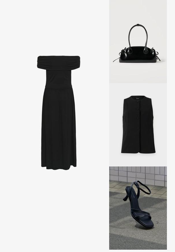 Sort ærmeløs vest lavet af et glat stof, med en rund halsudskæring og fem runde knapper ned foran.; Sort off-the-shoulder maxi-kjole med samlet bodice og flydende kjole, lavet af blødt stof med en glat tekstur og elastisk talje.; Sort højhælet sandal med stropper og ankelspænde, der svæver over tekstureret gråt fortov med flisebelagt væg i baggrunden.; Lille sort blank håndtaske med to lange håndtag og snøre-detaljer i siden på en ensfarvet lys baggrund.