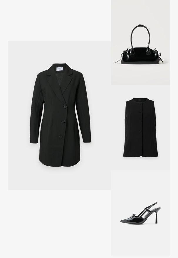 Sort ærmeløs vest lavet af et glat stof, med en rund halsudskæring og fem runde knapper ned foran.; Sort skræddersyet blazer med lange ærmer, notch revers og fem knapper foran. Fremstillet af struktureret stof med en glat indvendig foring.; Sort lakeret læder højhælet slingback-sko med spids tå, tynd hæl og dobbelt remdetalje over vristen.; Lille sort blank håndtaske med to lange håndtag og snøre-detaljer i siden på en ensfarvet lys baggrund.
