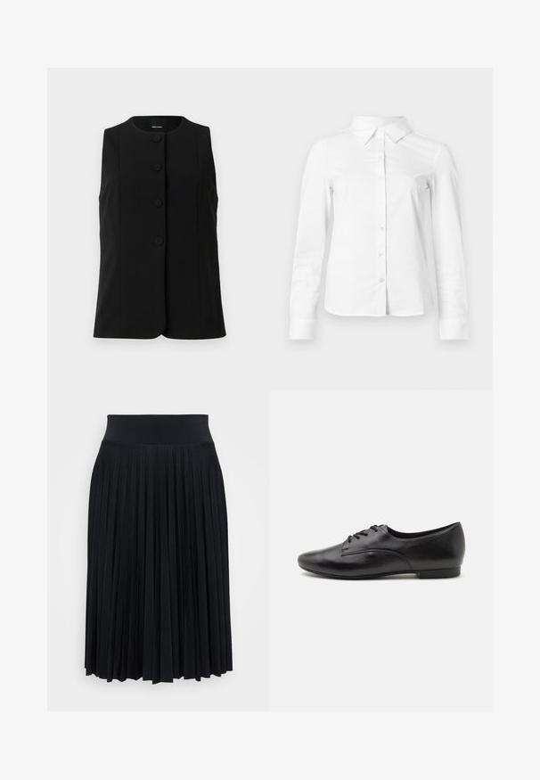 Chaleco sin mangas negro, hecho de una tela suave, con un escote redondeado y cinco botones circulares en la parte delantera.; Camisa blanca de manga larga con botones, cuello puntiagudo, bajo recto y silueta ajustada, presentada sobre un fondo claro y liso.; Falda negra plisada con una cinturilla ancha, hecha de un material suave. Presenta pliegues verticales para añadir textura y fluidez.; Zapatos de cuero negro con cordones, de textura suave, punta redonda, tacón bajo y diseño simple. Vista lateral que enfatiza la forma elegante y las costuras.