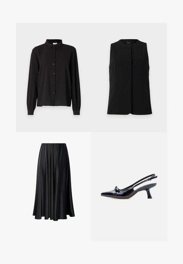 Gilet sans manches noir en tissu lisse, avec un col rond et cinq boutons ronds sur le devant.; Chemise noire à manches longues en tissu doux avec un col, fermeture à boutons et poignets froncés. Design simple sans motifs ni accents.; Jupe maxi noire en tissu lisse, dotée d'une taille élastique, d'une silhouette ample et d'un ourlet fluide sans motifs ni détails visibles.; Chaussure slingback en cuir verni noir avec bout pointu, petit détail nœud et talon évasé de hauteur moyenne sur fond blanc.