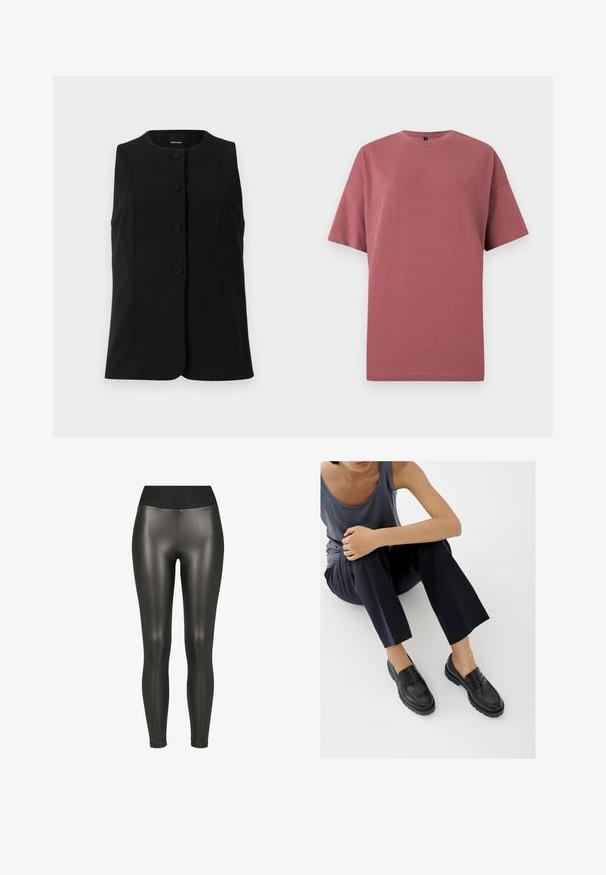 Gilet sans manches noir en tissu lisse, avec un col rond et cinq boutons ronds sur le devant.; T-shirt unie à manches courtes et col rond de couleur rose doux, présenté sur un fond blanc.; Leggings noirs taille haute en simili cuir avec une finition lisse et brillante et une coupe à la cheville sur fond blanc.; Mocassins en cuir noir avec accents texturés, talon bas, bout arrondi, et coutures visibles. Modèle portant un pantalon sombre et un haut gris.