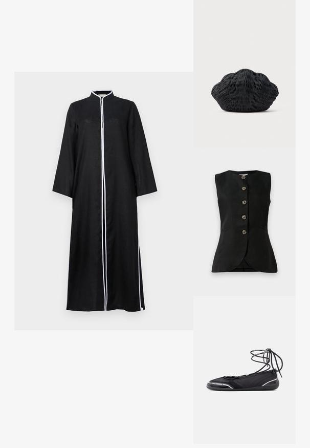 Zwarte mouwloze vest met een ronde hals, sluiting met knopen aan de voorkant, en twee zijzakken. Glad textuur met een subtiele glans.; Zwarte langekleding met lange mouwen en een hoge kraag, met een witte bies langs de voorkant en zijsplitten, gemaakt van een lichte stof.; Zwarte ballerina's met een gestructureerd bovenwerk en een vetersluiting. Opvallende zilveren accenten en een zachte rubberen zool voor flexibiliteit.; Zwarte gevlochten handtas in de vorm van een sint-jakobsschelp met een gebogen bovenkant en een geweven textuur op een effen achtergrond.
