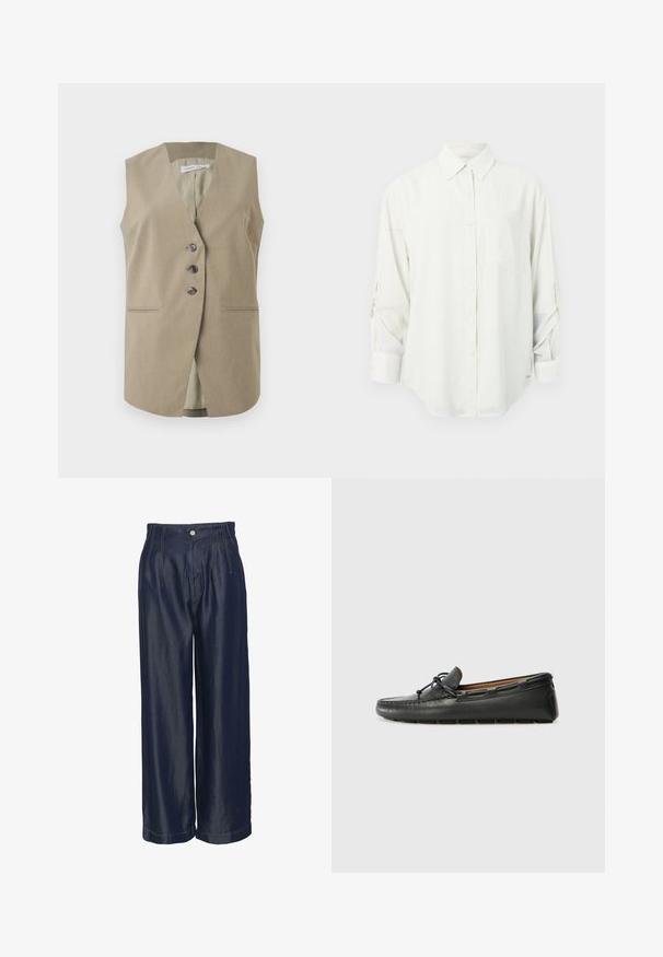 Ärmellose beige Weste mit drei vorderen Knöpfen und zwei horizontalen Schlitztaschen, zugeschnitten für einen formellen oder Business-Casual-Look.; Weißes Langarmhemd mit Knopfleiste und Kragen, einer einzelnen Brusttasche und hochgekrempelten Ärmeln. Weicher, glatter Stoff und entspannter Schnitt.; Marineblaue Jeans mit weitem Bein und hohem Bund, die über Frontfalten und goldene Nähte verfügt, eine glatte Textur hat und mit einem Knopfverschluss ausgestattet ist.; Schwarze Lederbootsschuhe mit rundem Zehenbereich, gestickten Details, kleinem Schleifenakzent und Gummisohle. Glatte Textur und schlankes Design.