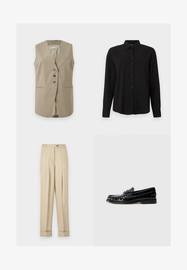 Gilet beige sans manches avec trois boutons sur le devant et deux poches horizontales fendues, conçu pour un look formel ou décontracté élégant.; Chemise noire à manches longues avec col pointu, dotée d'une coupe droite, d'une texture lisse et de boutons noirs contrastants.; Pantalon beige taille haute avec plis, passants pour ceinture, fermeture par bouton et zip, et ourlets retroussés sur un fond uni.; Mocassins en cuir noir avec un bout arrondi, des coutures décoratives et un petit accent doré sur le dessus. Semelle en caoutchouc plate, design épuré.