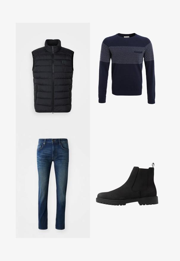 Schwarze Puffweste mit hohem Kragen, Reißverschluss vorne und zwei seitlichen Taschen. Besitzt ein gestepptes Quiltmuster und ein kleines Logo auf der Brust.; Navyblauer Pullover mit einem gerippten Kragen und Bündchen. Besitzt ein geometrisches weißes Muster über der oberen Brust und eine kleine Fronttasche.; Dunkelblaue Jeans aus Denim mit Slim-Fit, fünf Taschen, einem vorderen Knopfverschluss und einer dezenten, ausgebleichten Textur an den Beinen.; Pier One UNISEX - Stiefelette - black